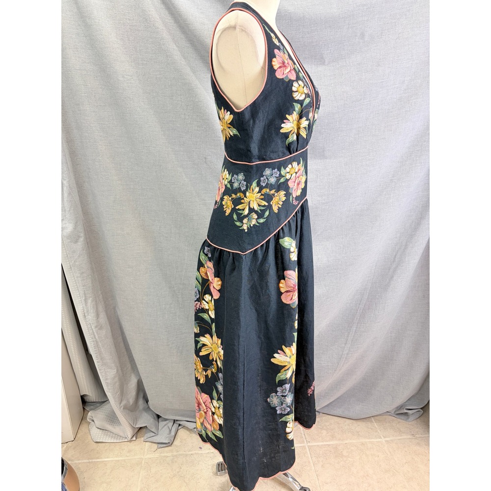 NWT Farm Rio Maira Floral Dark Blue Linen Midi Dress Sleeveless V-Neck - Picture 6 of 16
